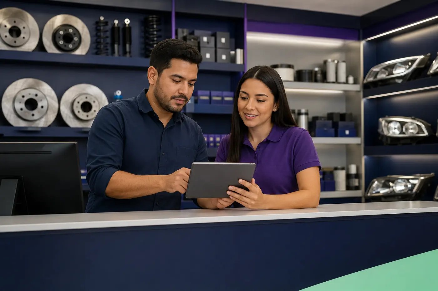 Equipo de una tienda de repuestos atendiendo solicitudes de UBYCAR
