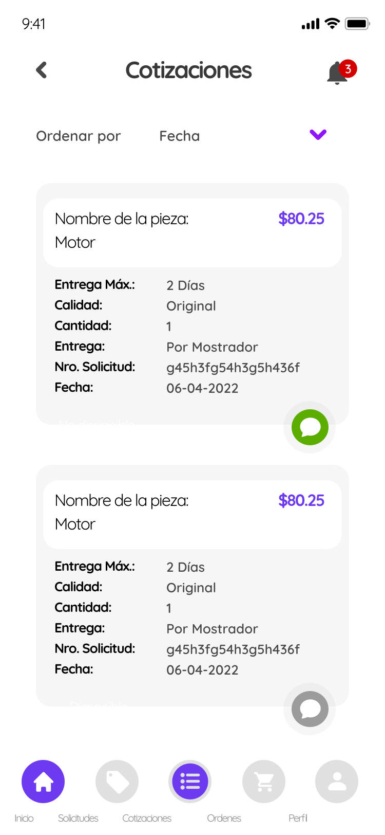Listado de cotizaciones en UBYCAR